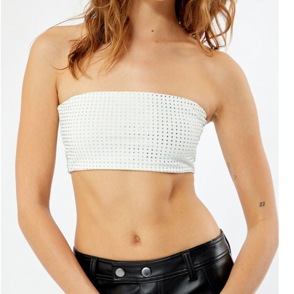 NWT Weworewhat Sleeveless Crystal Bandeau Crop Top Studded Rhinestones XXS White